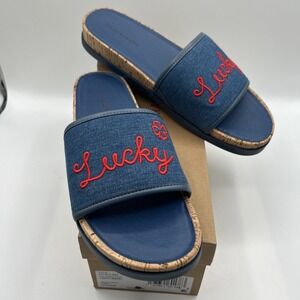 NEW Lucky Brand Women's Dylina Slide Sandal, Denim & Embroidery, SZ: 11 M, (NIB)